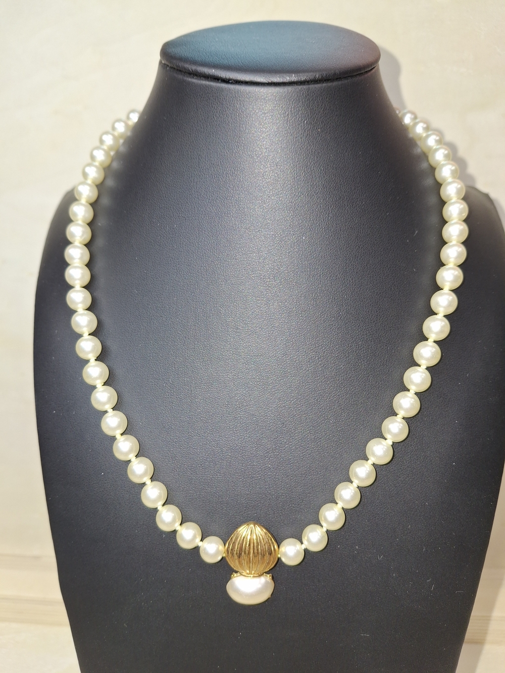 Gold Accent Cream Faux Pearl Necklace with Pendant